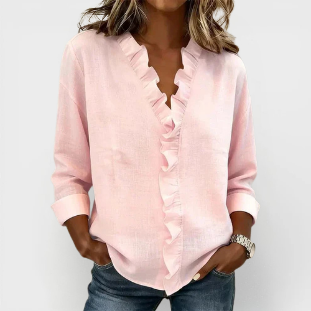 Women's elegant ruffled V-neck long sleeve blouse, perfect for versatile fashion.