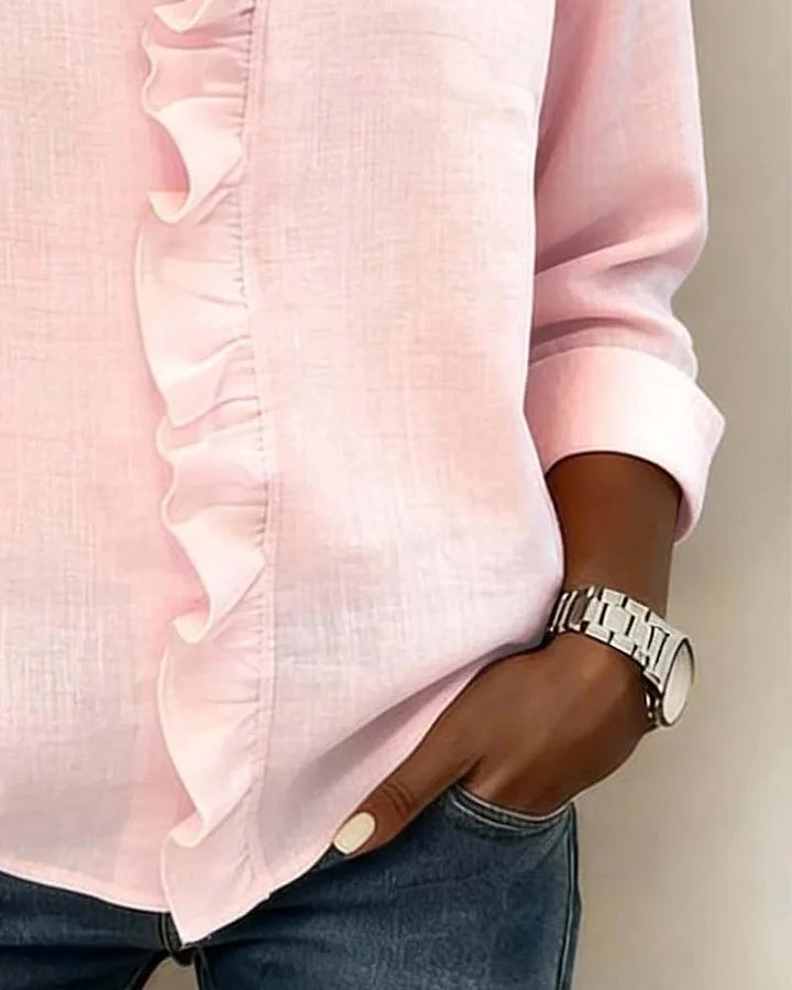 Versatile women's ruffled V-neck long sleeve top, perfect for elegant or casual wear.