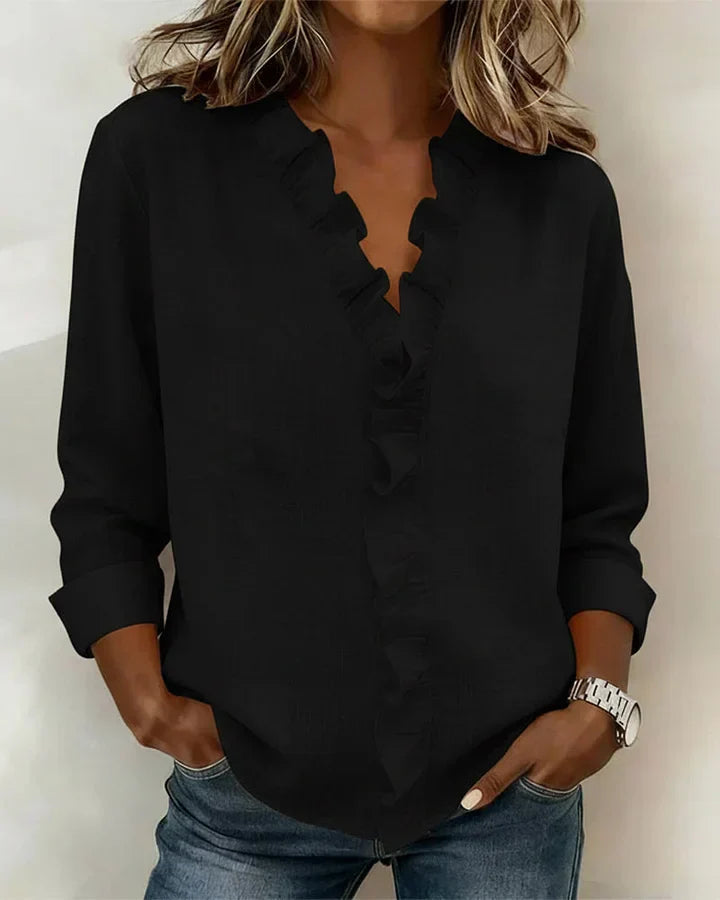 Blue women's long sleeve V-neck ruffled blouse, a stylish and comfortable casual top.