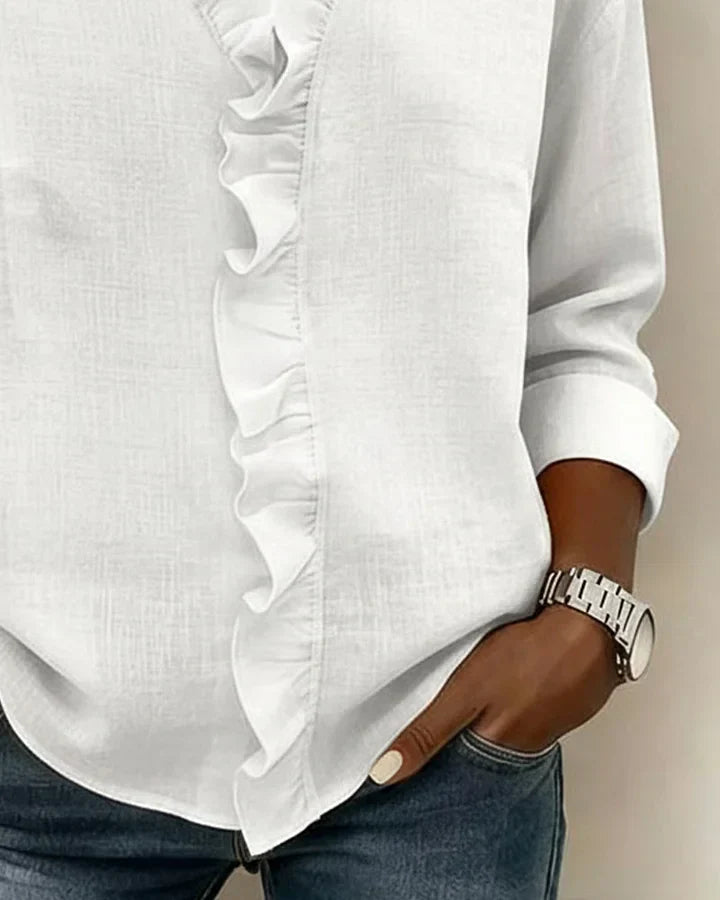 Elegant women's long sleeve ruffled V-neck blouse, a sophisticated addition to any wardrobe.