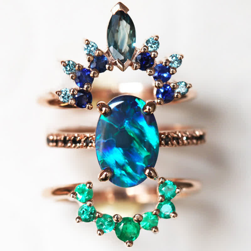 Women's elegant sapphire & opal 3-piece ring set. Fine gemstone jewelry, perfect gift for her.
