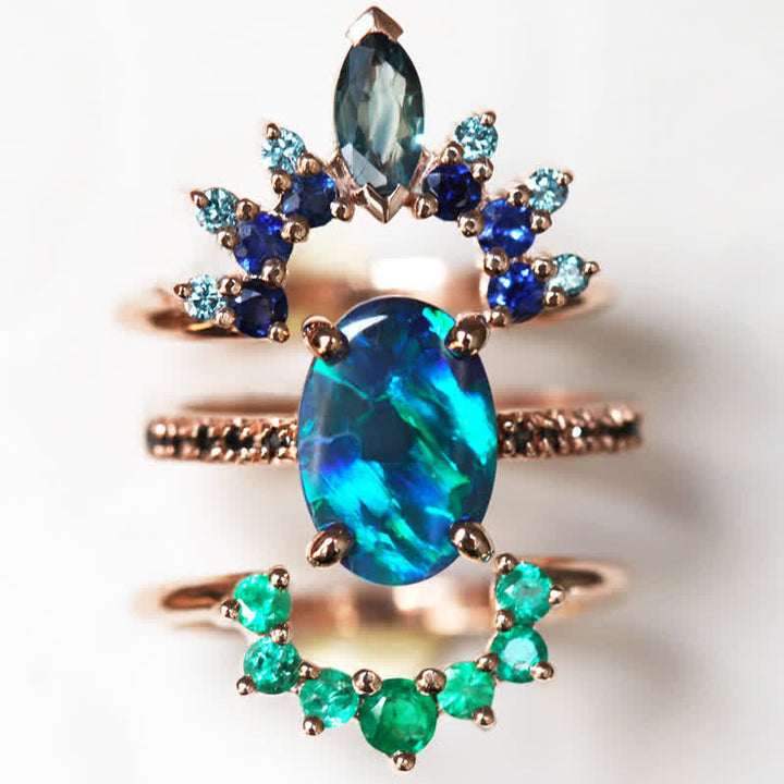 Women's elegant sapphire & opal 3-piece ring set. Fine gemstone jewelry, perfect gift for her.