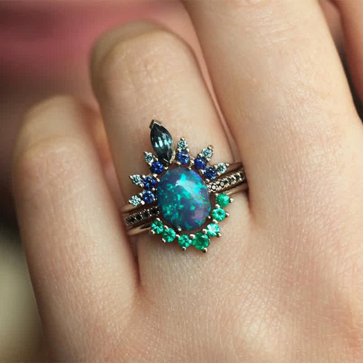 Stackable women's sapphire & opal ring set. Elegant 3-piece fine jewelry, gemstone gift for her.