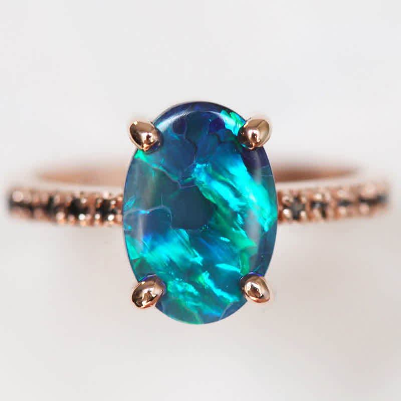 Precious metal women's sapphire & opal 3-piece ring set. Fine gemstone jewelry, elegant gift.