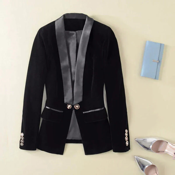 Women's elegant satin lapel tuxedo blazer jacket, perfect for formal occasions & chic office wear.