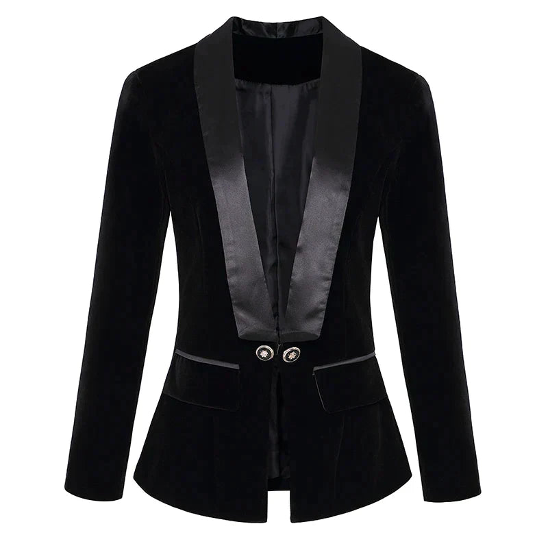 Chic women's satin lapel tuxedo blazer jacket. Elegant ladies' formal outerwear for versatile fashion.