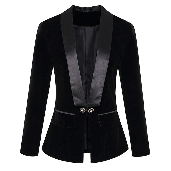 Chic women's satin lapel tuxedo blazer jacket. Elegant ladies' formal outerwear for versatile fashion.