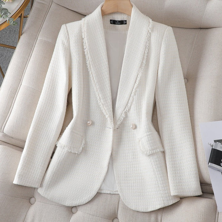 Women's sculpted blazer with a flattering tailored fit. Elegant design, subtle pearl details. Perfect for professional chic.