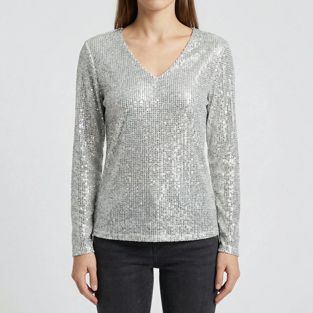 Versatile women's shimmer long-sleeve V-neck top, ideal for casual chic outfits, office or party wear.