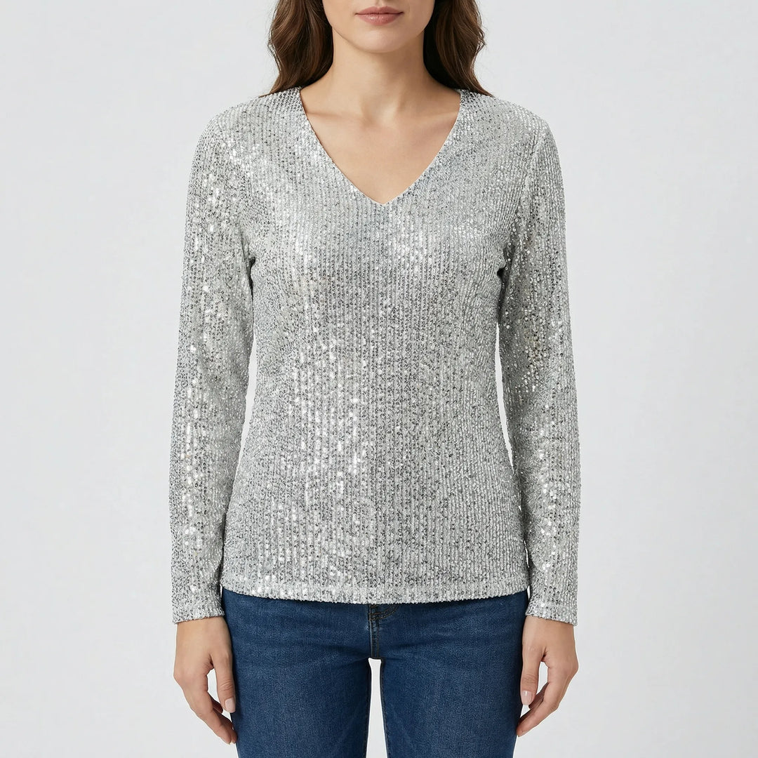 Sophisticated women's long-sleeve V-neck shimmer blouse, perfect for formal wear, office, or evening out.