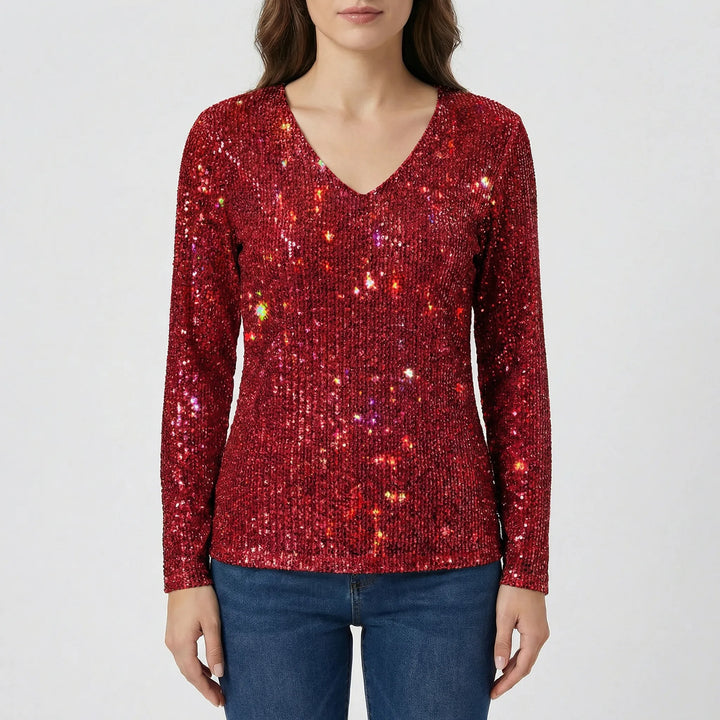 Stylish women's shimmer V-neck long-sleeve top, a comfortable & versatile apparel piece for any season.