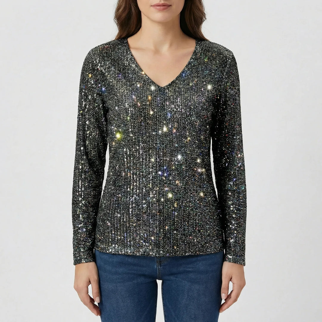 Fashionable women's shimmer V-neck long-sleeve blouse, showcasing its elegant fabric and flattering cut.