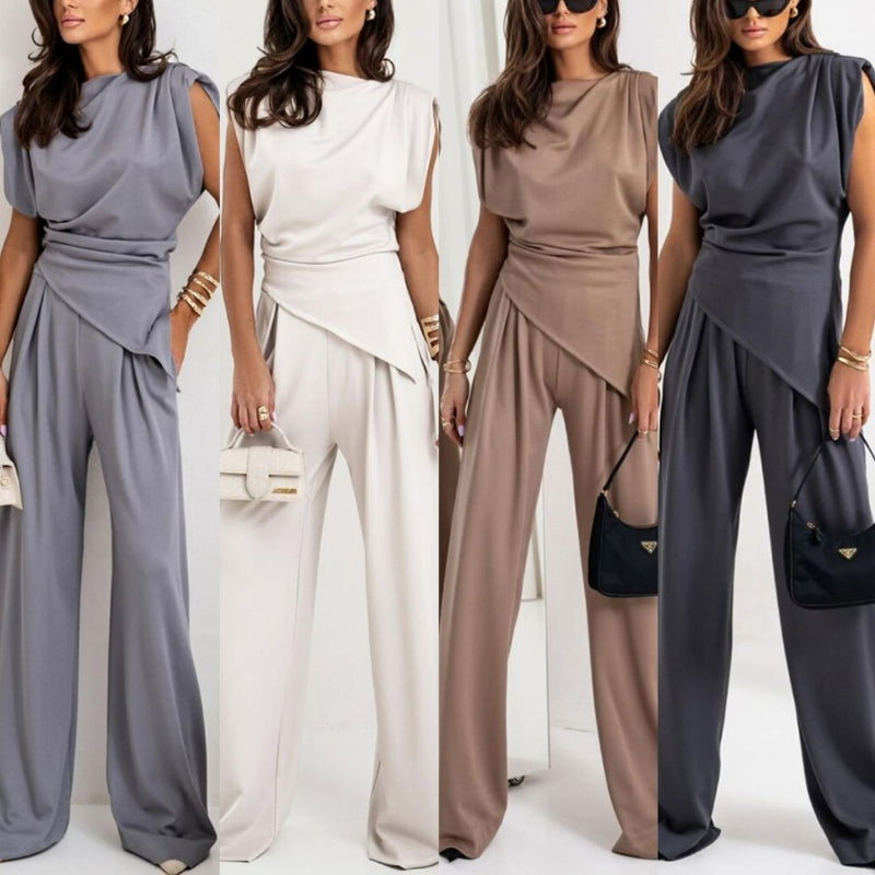 Women's sleeveless top and wide-leg pants two-piece set, an elegant and casual summer outfit.