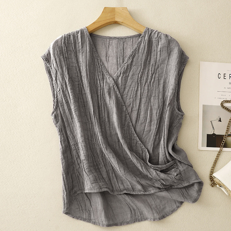 Breathable women's sleeveless wrap front top, ideal for everyday wear, summer, or stylish vacation outfits.
