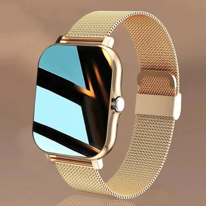 Gold women's elegant smartwatch. A stylish fitness tracker and health monitor with a sophisticated gold finish.