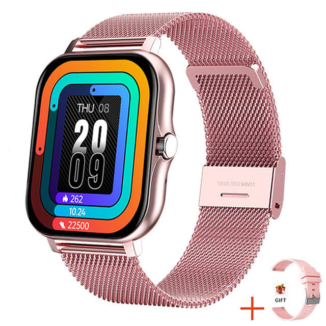 Pink women's smartwatch, a chic fashion accessory. Elegant digital watch for fitness tracking & health monitoring.
