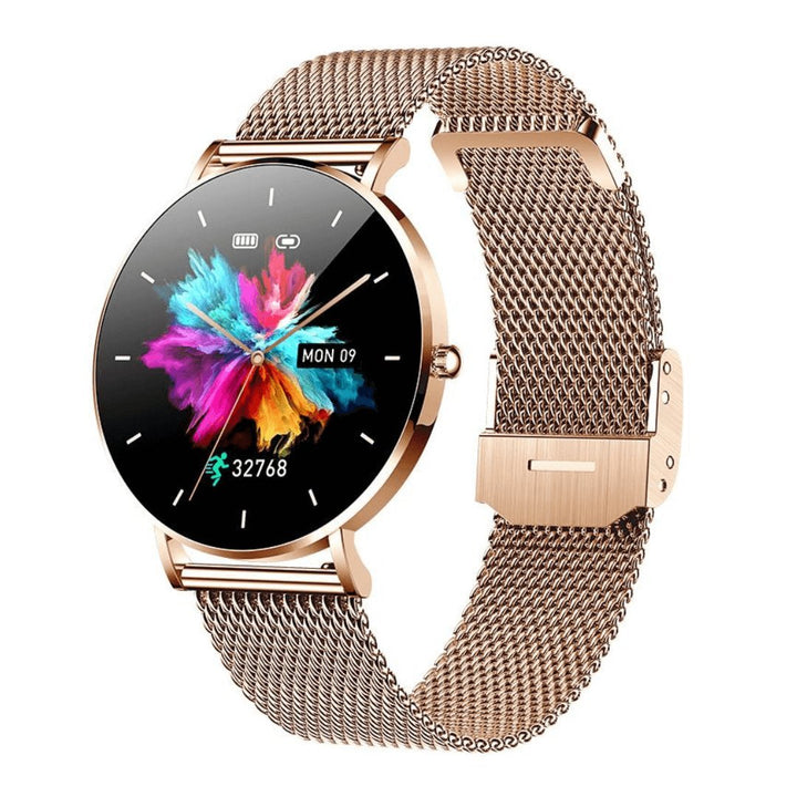 Women's elegant smartwatch with health tracking & custom faces. Sleek rose gold design for a sophisticated look.