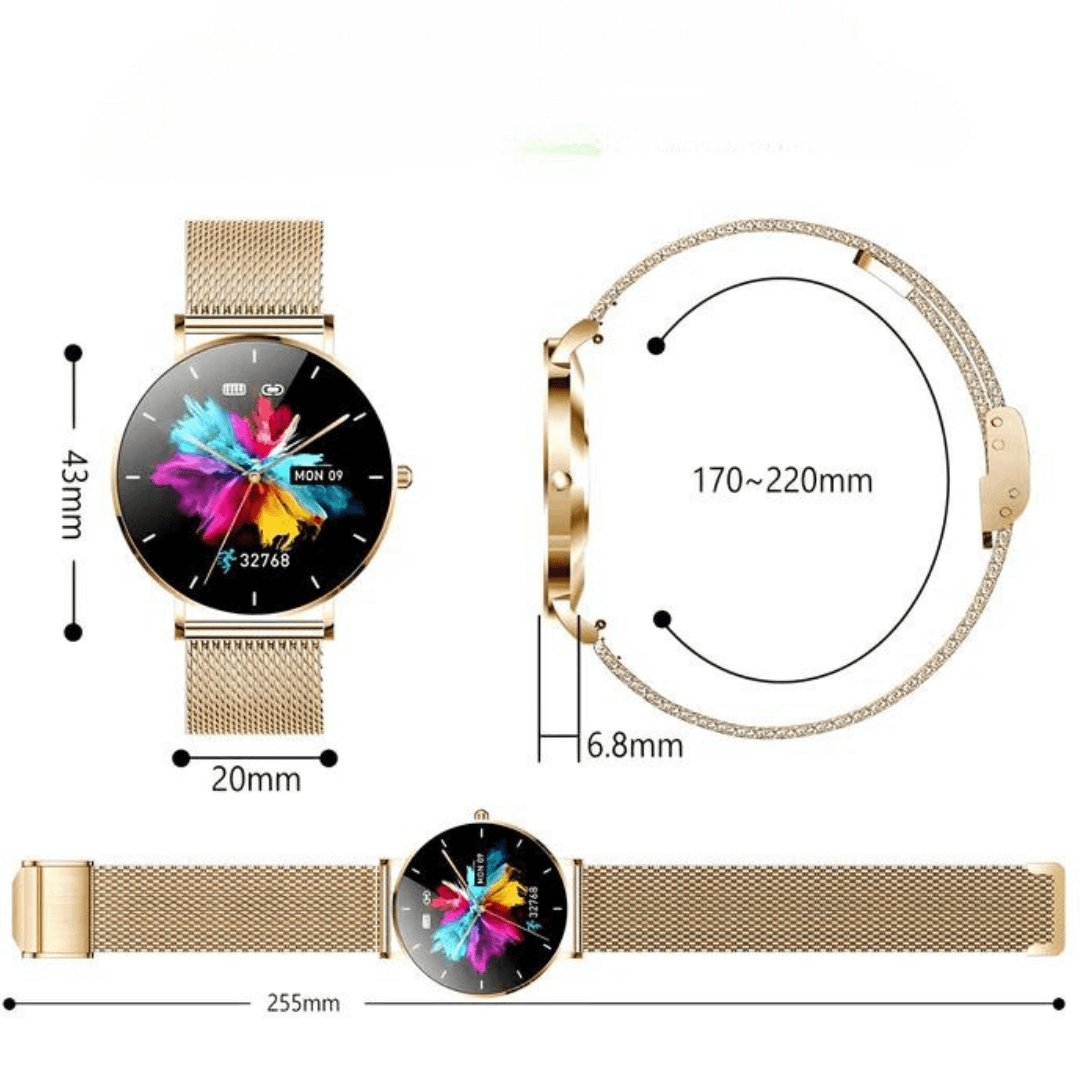 Durable stainless steel women's smartwatch. Elegant rose gold finish with health tracking, fitness & custom faces.