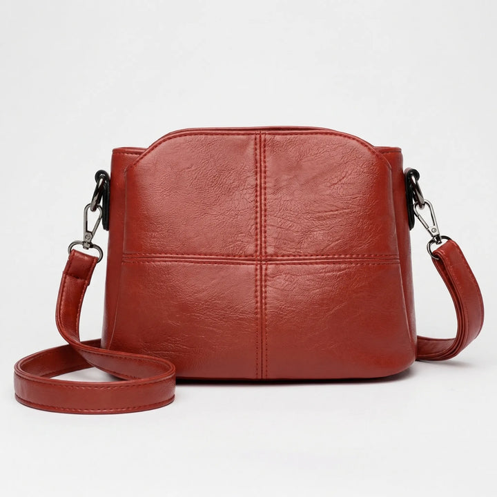 Stylish mini crossbody handbag with panel design, available in red, purple, black, or green for women.