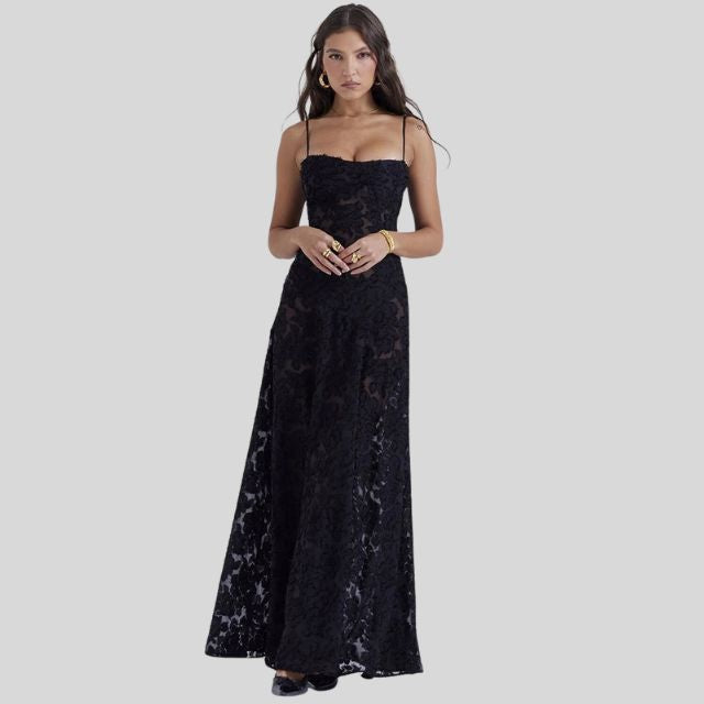 Women's elegant strapless floral maxi dress with square neckline, perfect A-line evening gown for special occasions.