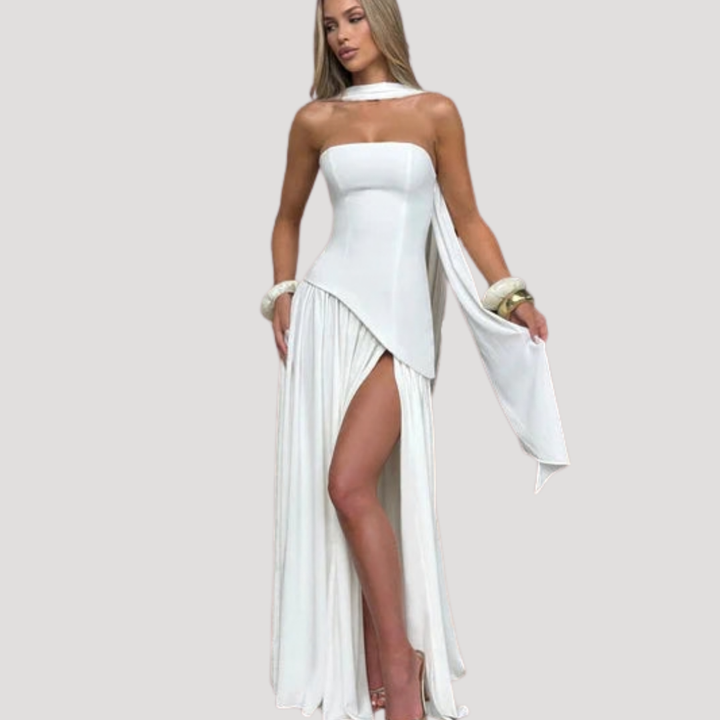 Sophisticated strapless pleated maxi dress for women, perfect as a black tie evening gown.
