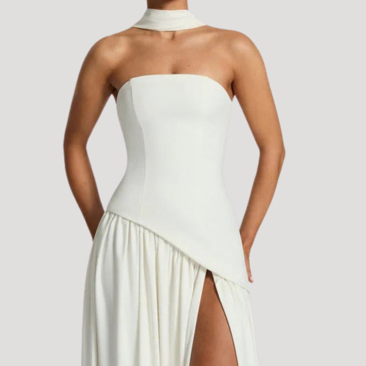 Pleated strapless formal maxi dress for women, great for gala outfits & prom nights.