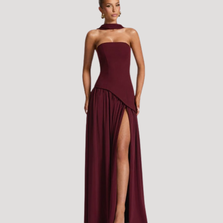 Formal strapless pleated evening dress, a long women's gown for special occasions.