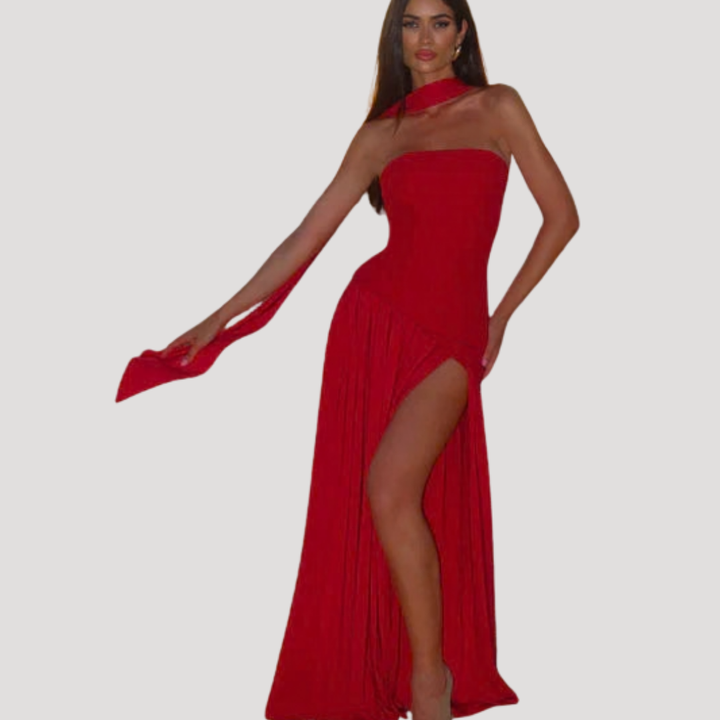 Women's formal strapless pleated maxi dress, a perfect elegant evening gown for galas.