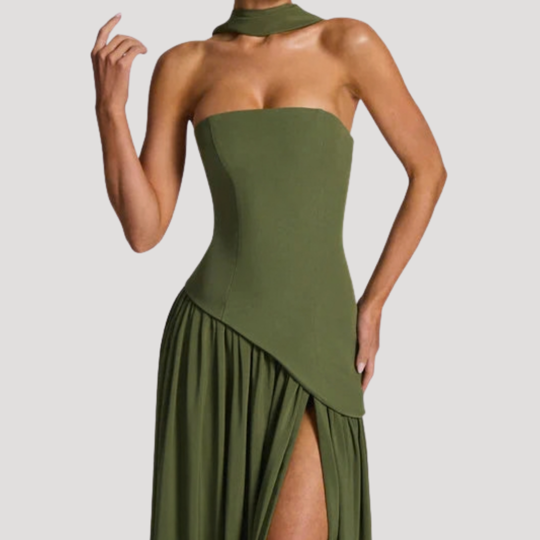 Sophisticated strapless pleated maxi dress, a stunning black tie outfit for women.