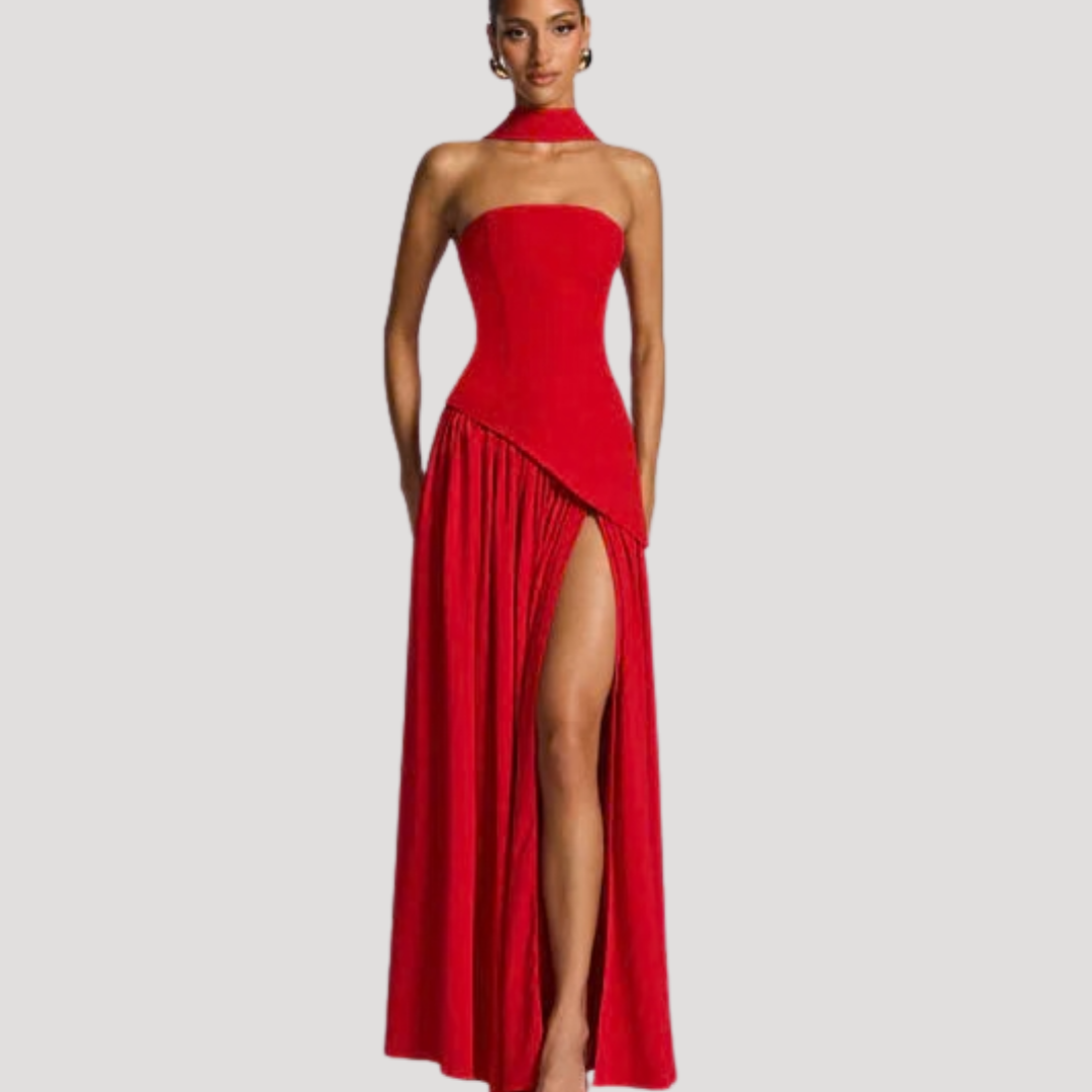 Long pleated strapless maxi dress for women, perfect gala outfit & evening wear.