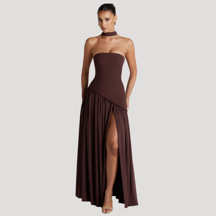 Women's formal strapless pleated maxi dress, an elegant choice for any special event.