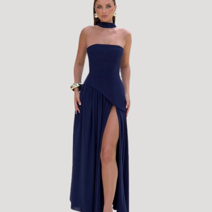 Long pleated strapless formal dress for women, suitable for prom nights & special occasions.