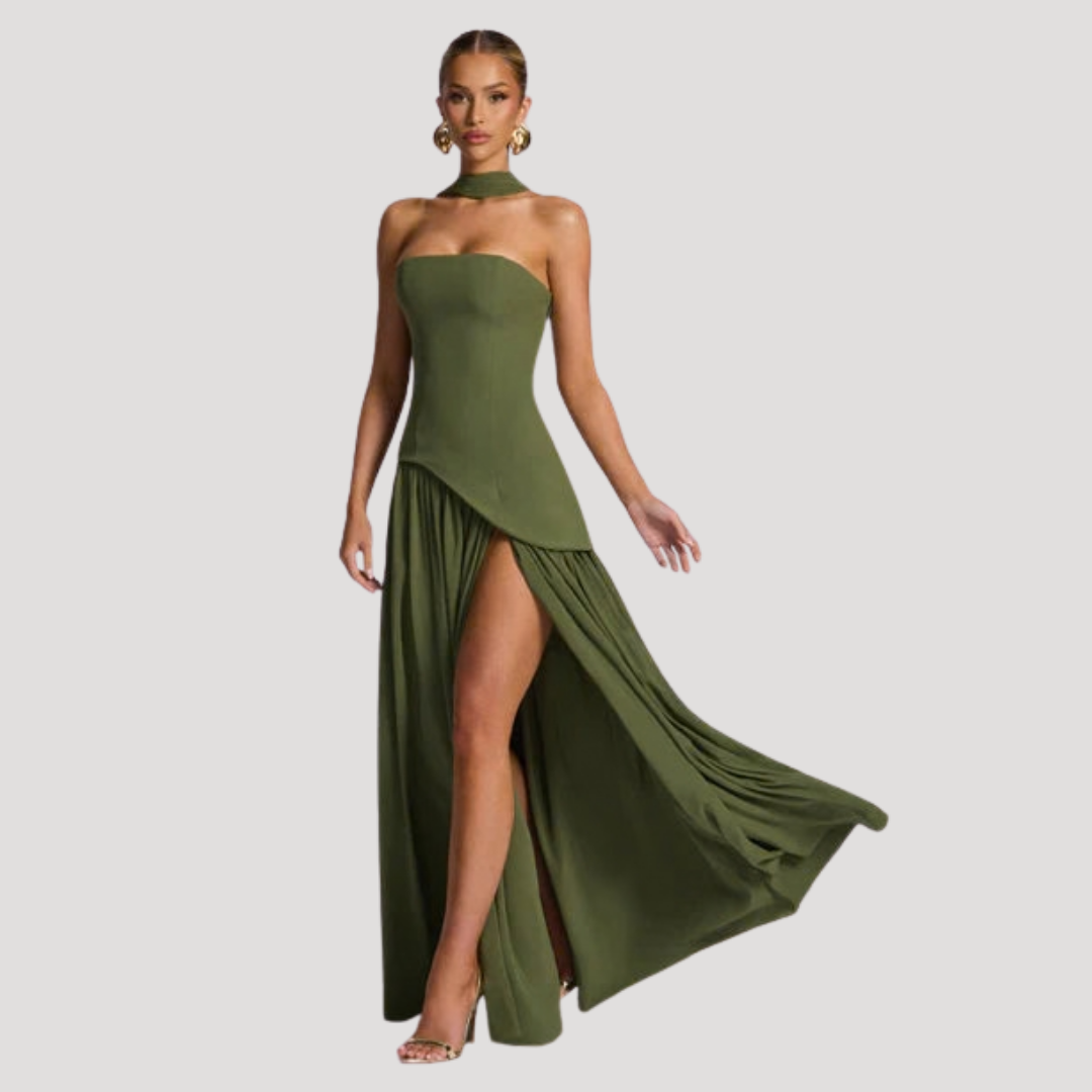 Navy women's strapless pleated maxi dress, a classic formal party dress for elegance.