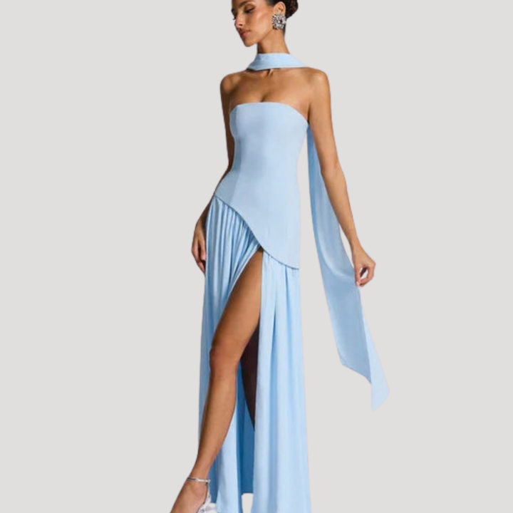Women's strapless pleated maxi dress, designed for formal events, evening galas & proms.