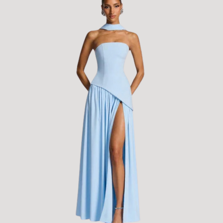 Pleated strapless maxi dress, an elegant women's formal gown for special events.