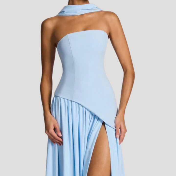 Women's strapless pleated maxi dress, a chic option for formal evenings & gala outfits.