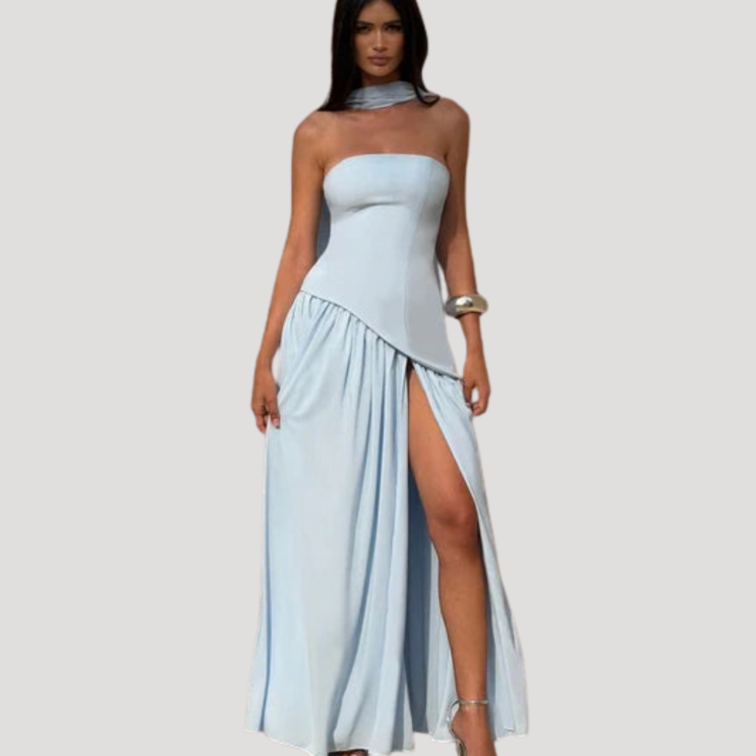 Elegant formal strapless pleated maxi dress for women, perfect for high-end events.
