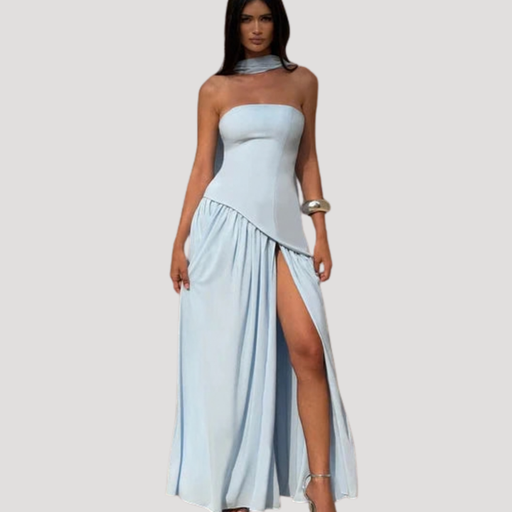 Elegant formal strapless pleated maxi dress for women, perfect for high-end events.