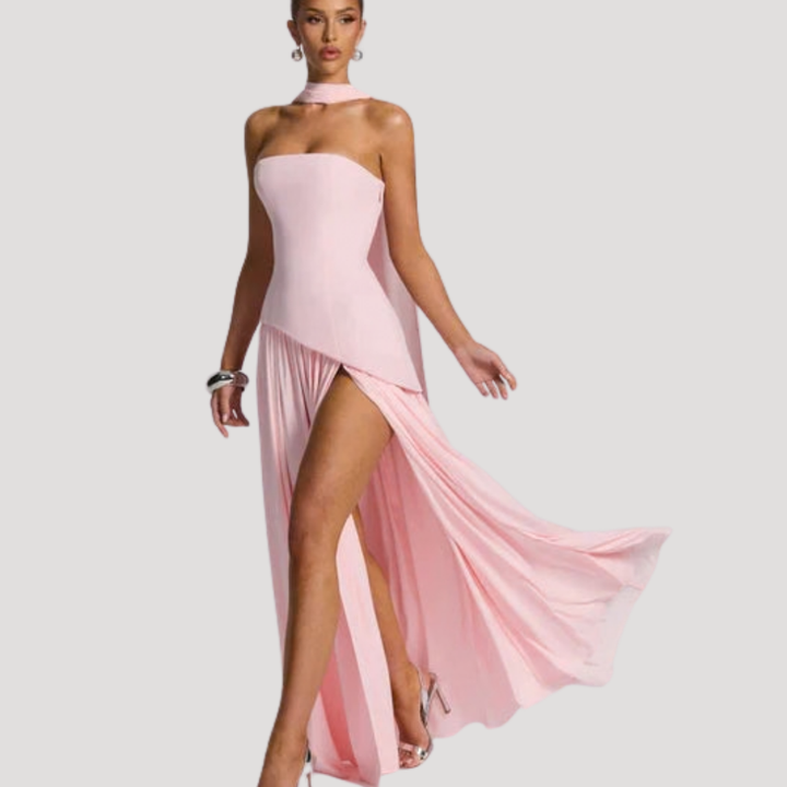 Black strapless pleated maxi dress, a sophisticated formal evening gown for women.