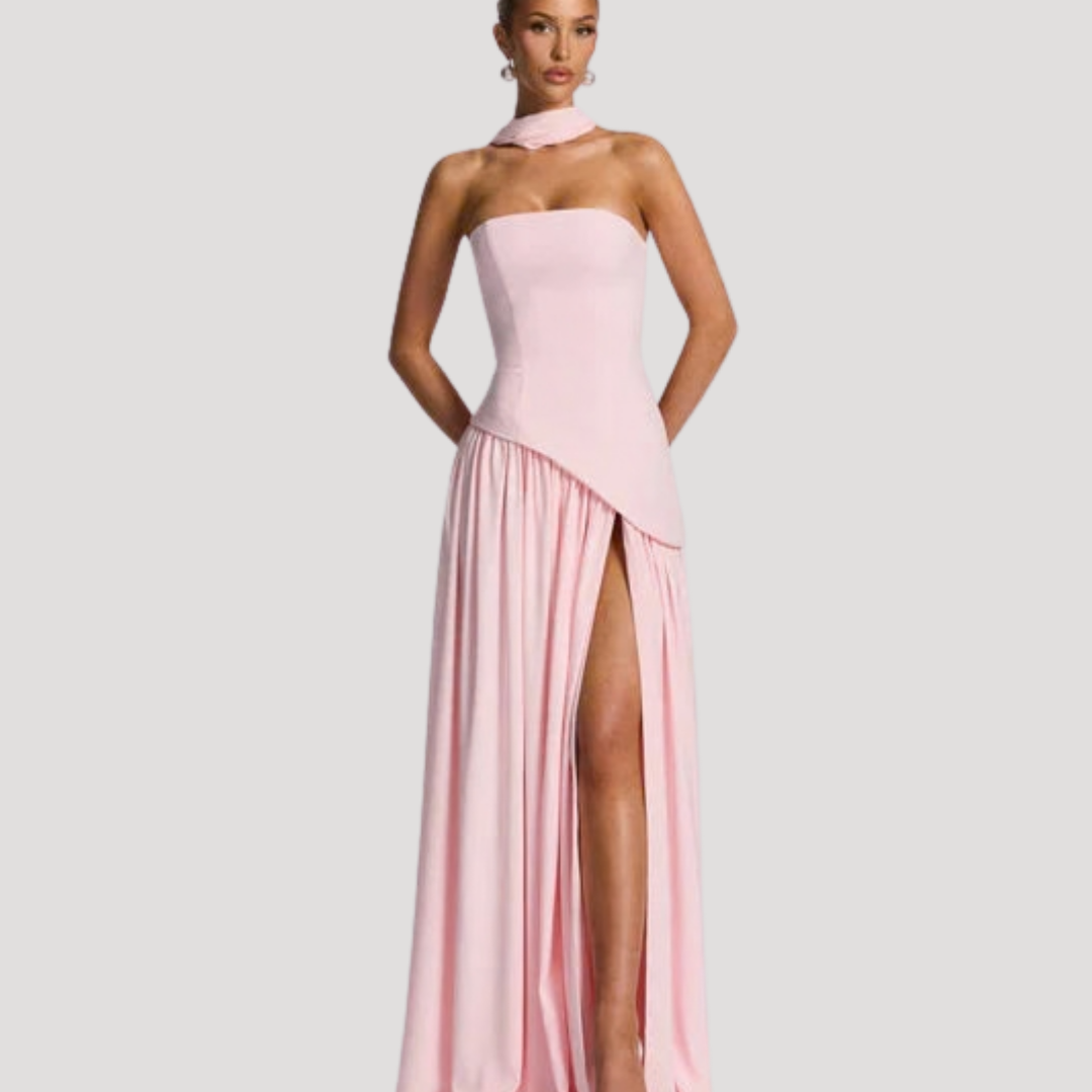 Navy elegant strapless pleated maxi dress, ideal for women's black tie and formal events.