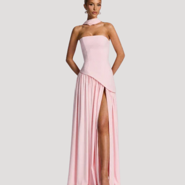 Navy elegant strapless pleated maxi dress, ideal for women's black tie and formal events.