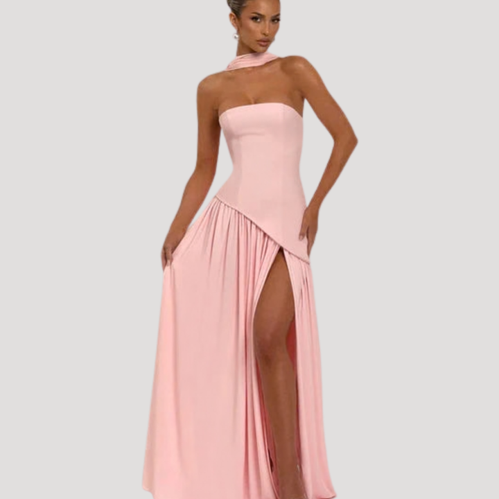 Red women's strapless pleated maxi dress, a vibrant prom dress & formal party gown.