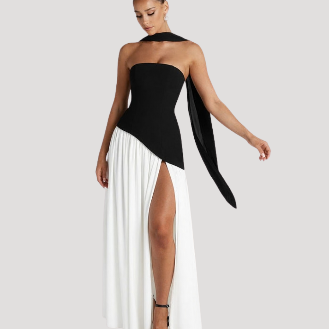 Black strapless pleated maxi dress for women, an elegant choice for black tie events.
