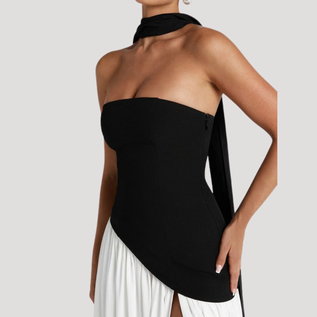 Navy women's strapless pleated formal dress, sophisticated evening gown for parties.