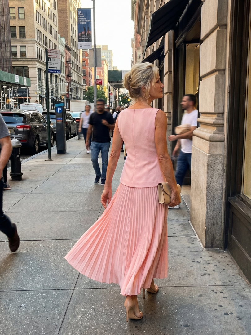 Women's elegant two-piece set: structured top & a long pleated maxi skirt for a sophisticated silhouette.