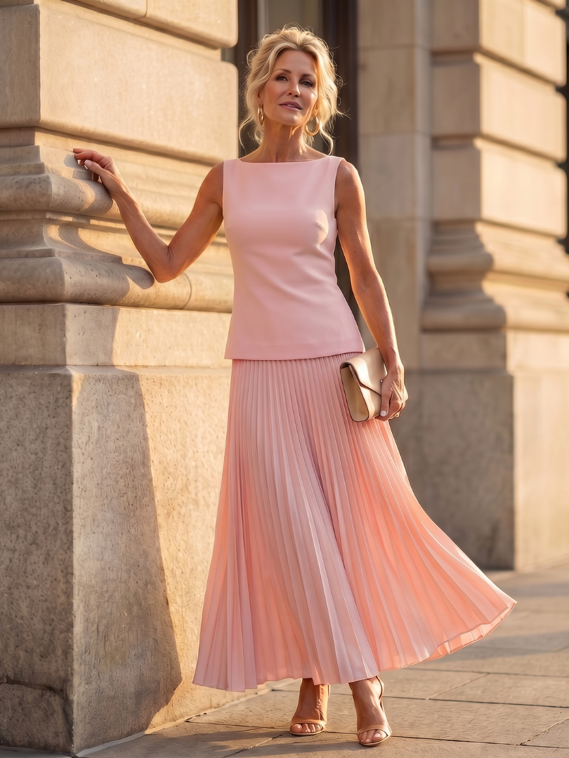 Women's formal wear: structured bodice top & long pleated skirt set, offering an elegant silhouette.