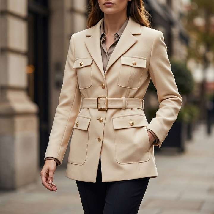 Women's elegant tailored blazer coat, perfect for professional office wear.