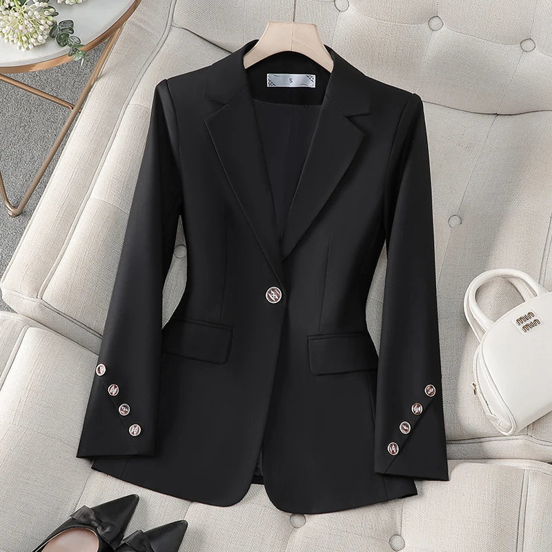 Classic black women's tailored blazer for elegant office attire, business casual, or versatile professional wear.