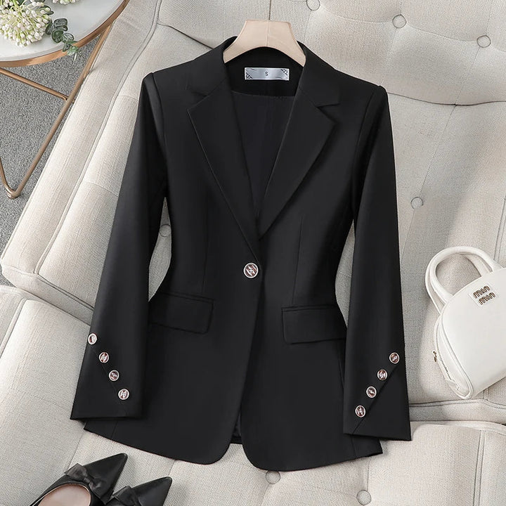 Classic black women's tailored blazer for elegant office attire, business casual, or versatile professional wear.