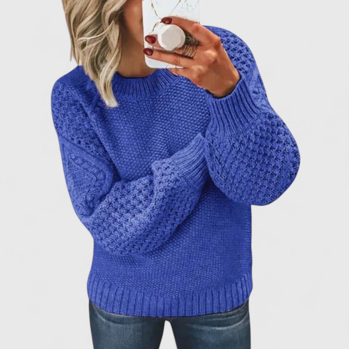 Women's elegant textured puff sleeve sweater with a mock neck, perfect for fall and winter chic style.